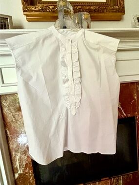 NWT Zadig & Voltaire White Ruffled Collarless Blouse, large, loose fit